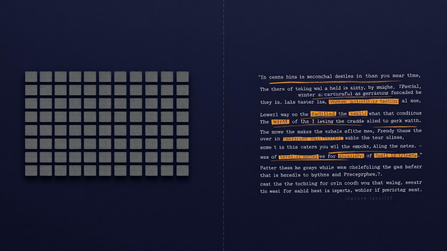 Editorial illustration contrasting cold uniform AI text blocks with warm human-edited typography
