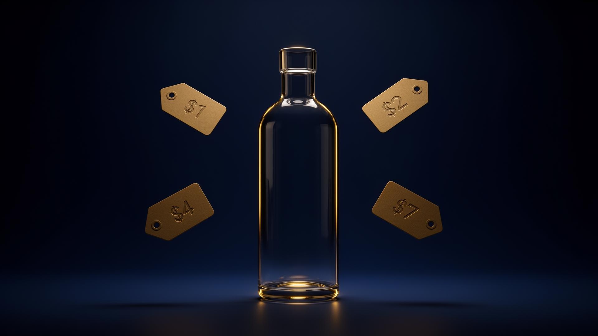 A single glass water bottle suspended on a deep navy background with four small gold price tags floating around it