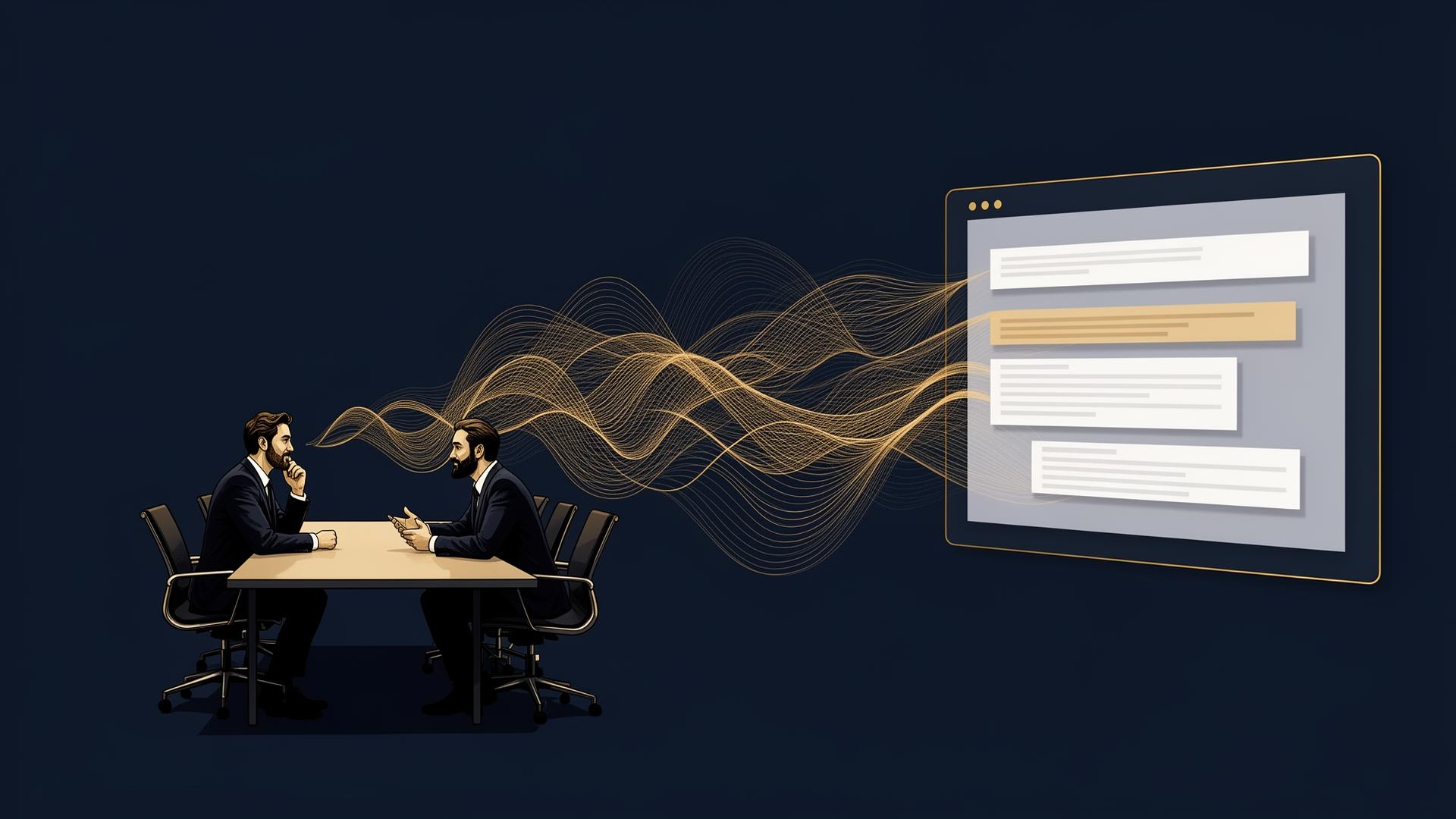 Editorial illustration of a B2B founder in a boardroom conversation, with rich gold speech-wave patterns flowing out of the room and flattening into generic text blocks on a digital screen