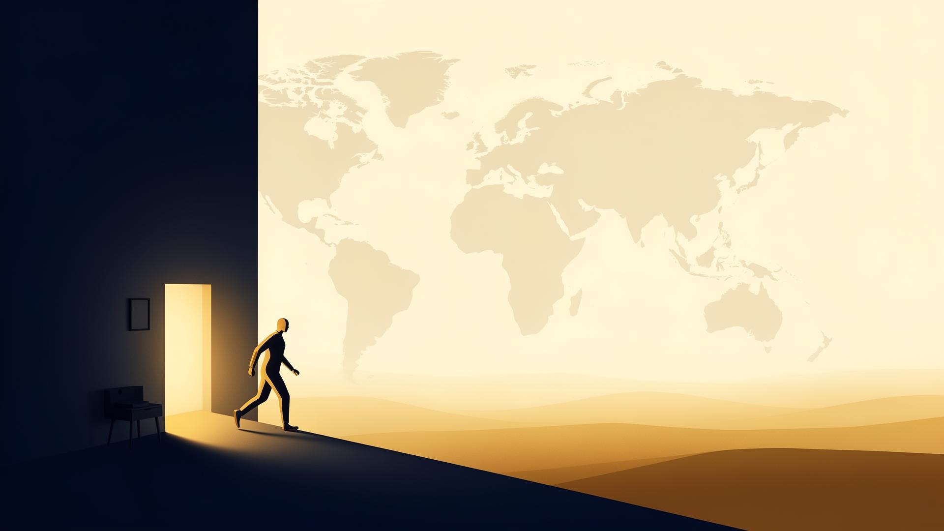 Editorial illustration of a figure stepping from a small dim room into a vast luminous world map landscape