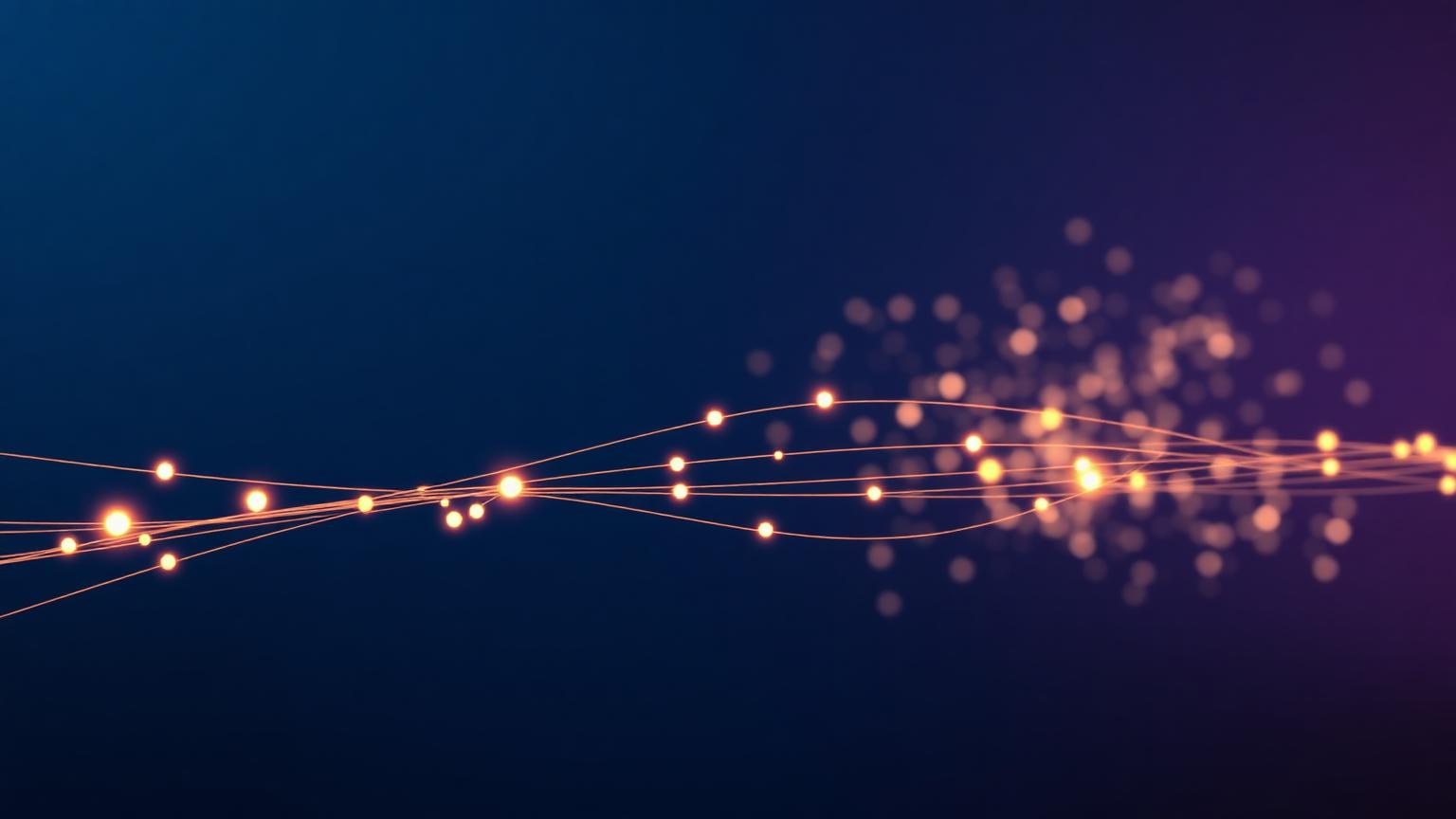 Editorial illustration of a calm structured content workflow pipeline of glowing nodes