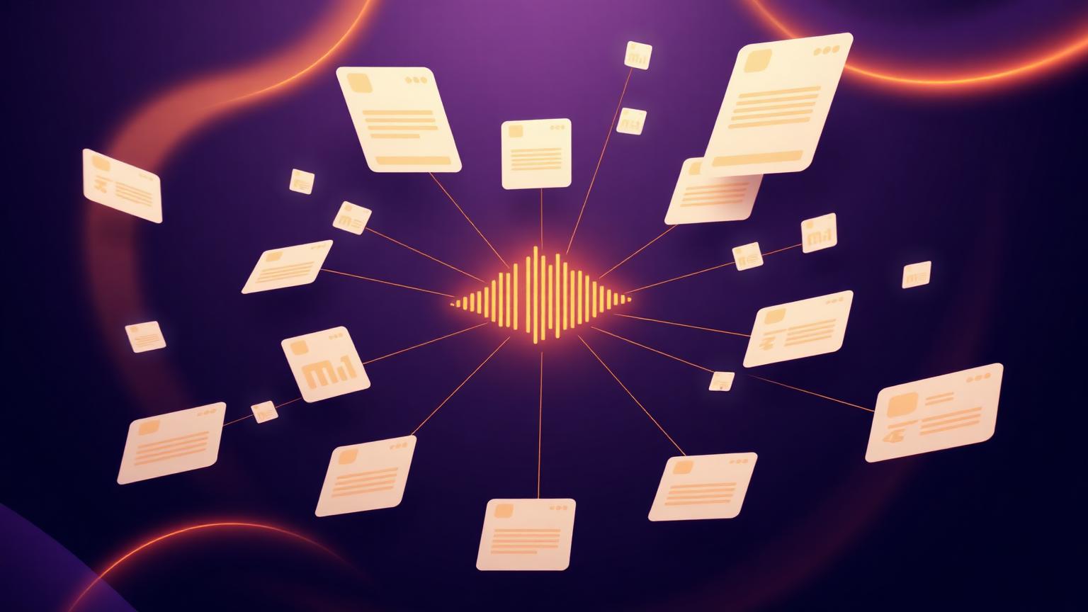 Editorial illustration of a single podcast waveform expanding into a constellation of structured content cards
