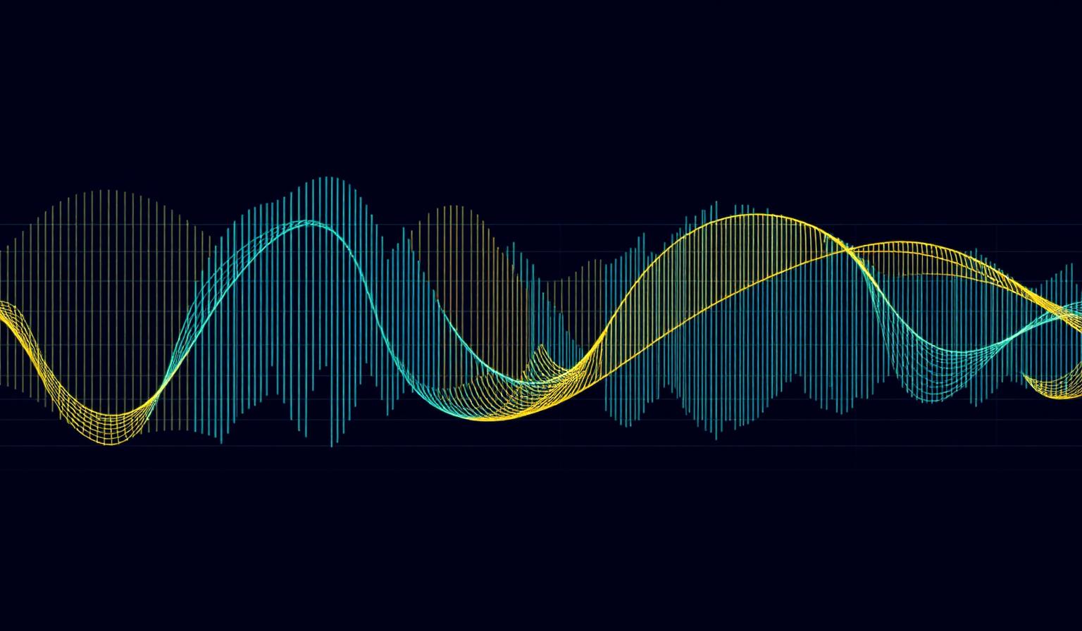 Abstract navy banner showing a human voiceprint waveform in cyan and gold overlaid on a structured grid — visualizing Linguistic Voice-Matching for B2B founder authority versus synthetic AI content